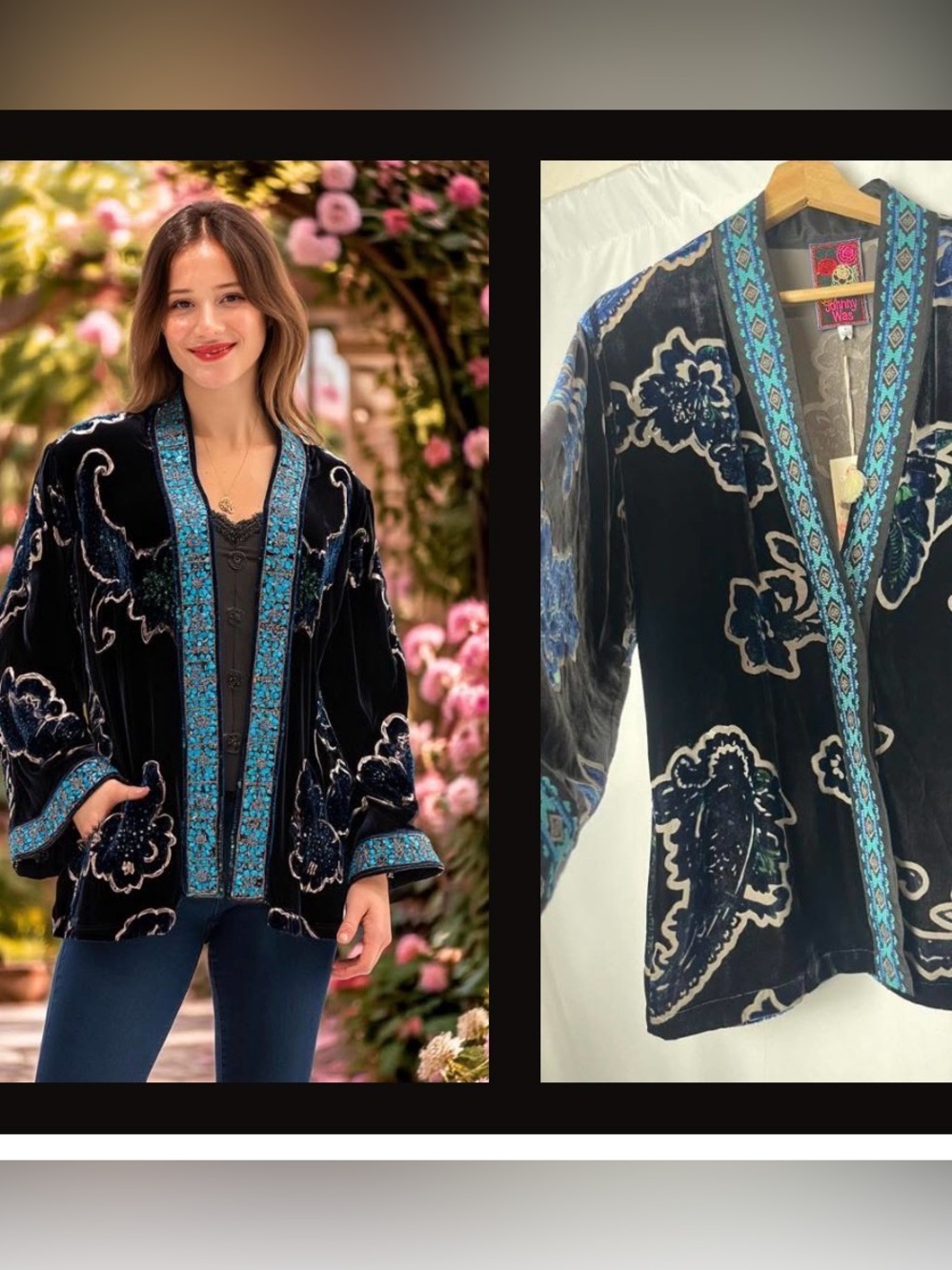 Johnny Was Merhawi Monade Kimono Jacket Black Burnout Velvet Floral S Silk Blend